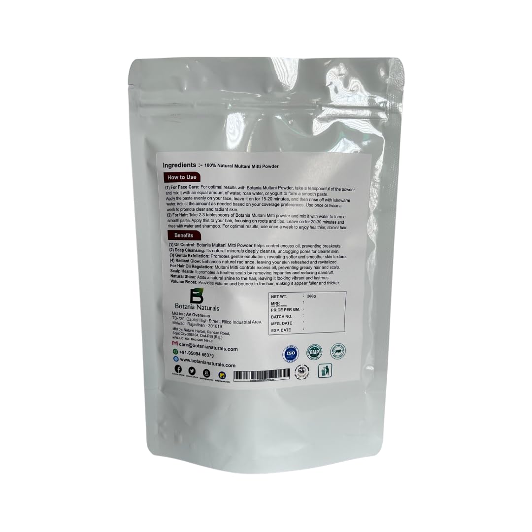 Botania Naturals care from nature 100% Pure Multani Mitti Powder for Face Pack (200G) for Exfoliating Soothing Nourishing Face, Skin & Hair